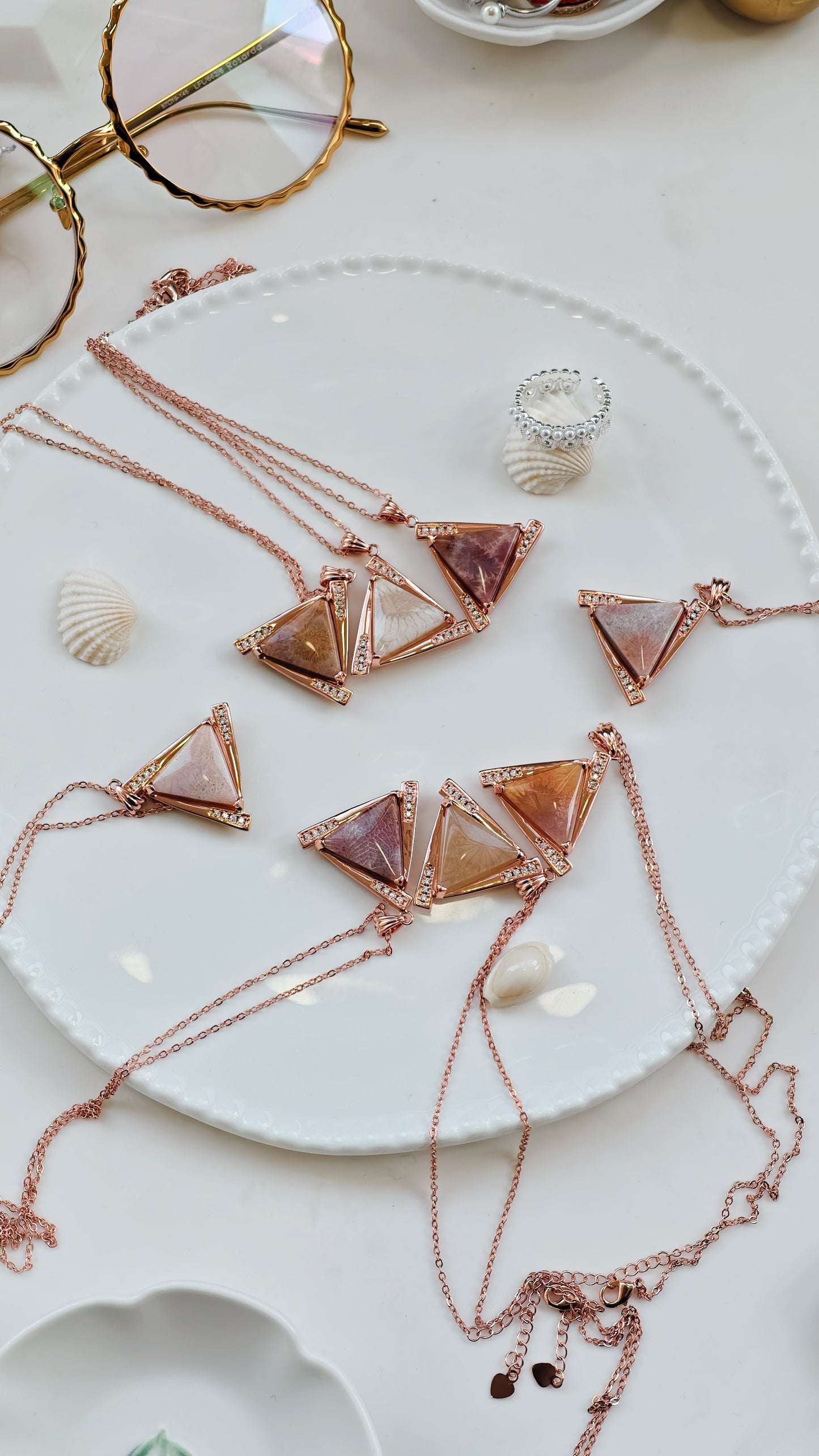 Coral Jade Triangle Necklace– Where Nature Meets Geometry