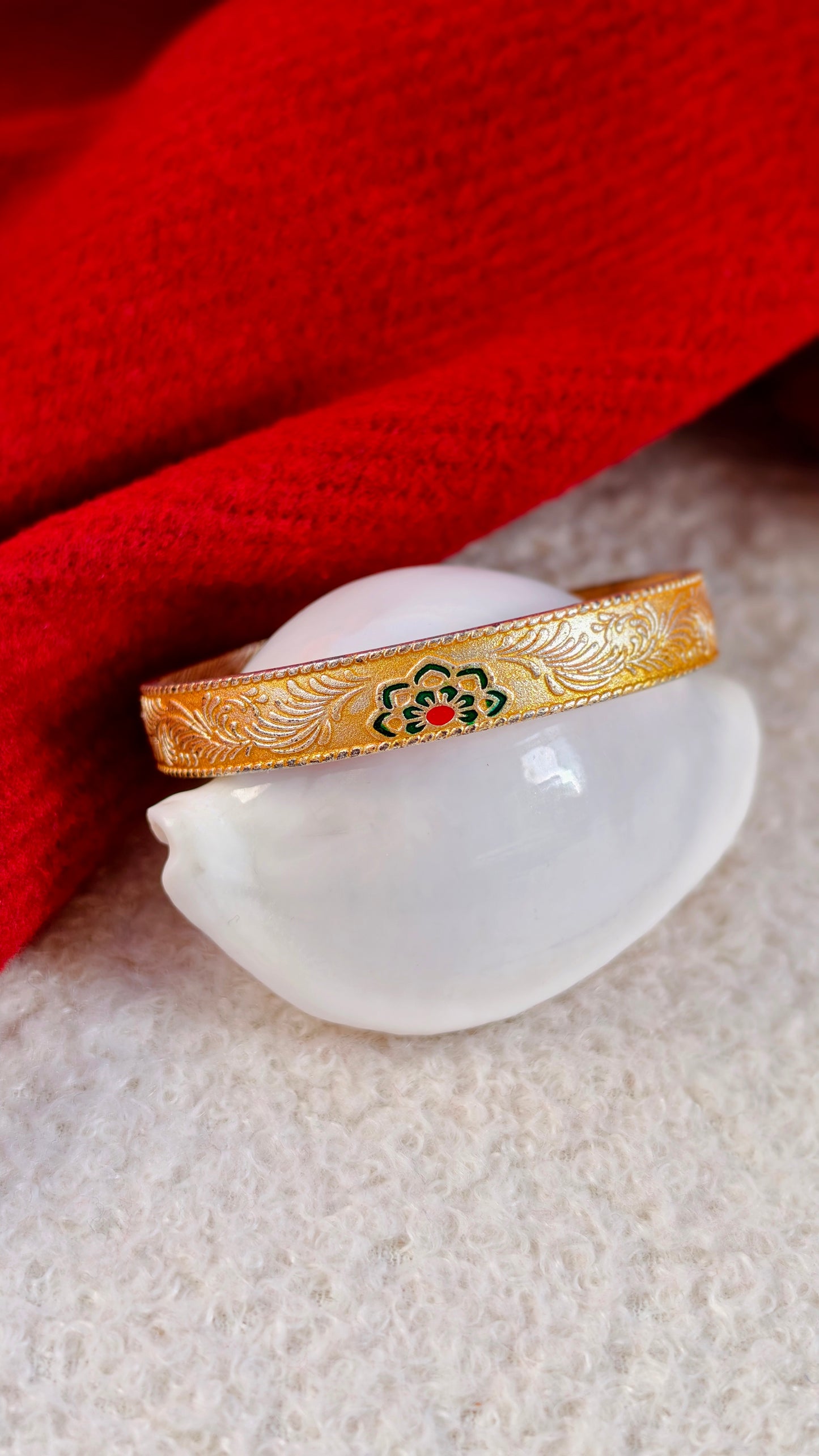 Gilded Sterling Silver Cuff Bangle: Enamel Floral Motif