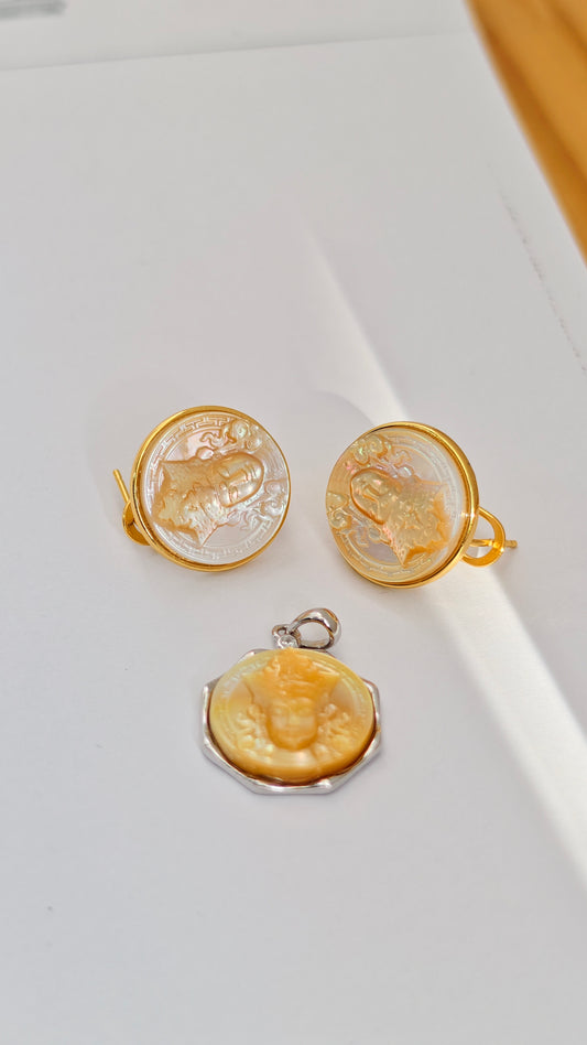 Sun-Kissed Wealth: Amber Tibetan Deity Earings and Pendant Set