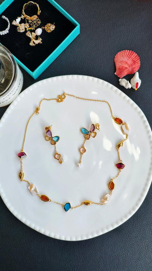 Vibrant Gemstone & Pearl Jewelry necklace + earring Set
