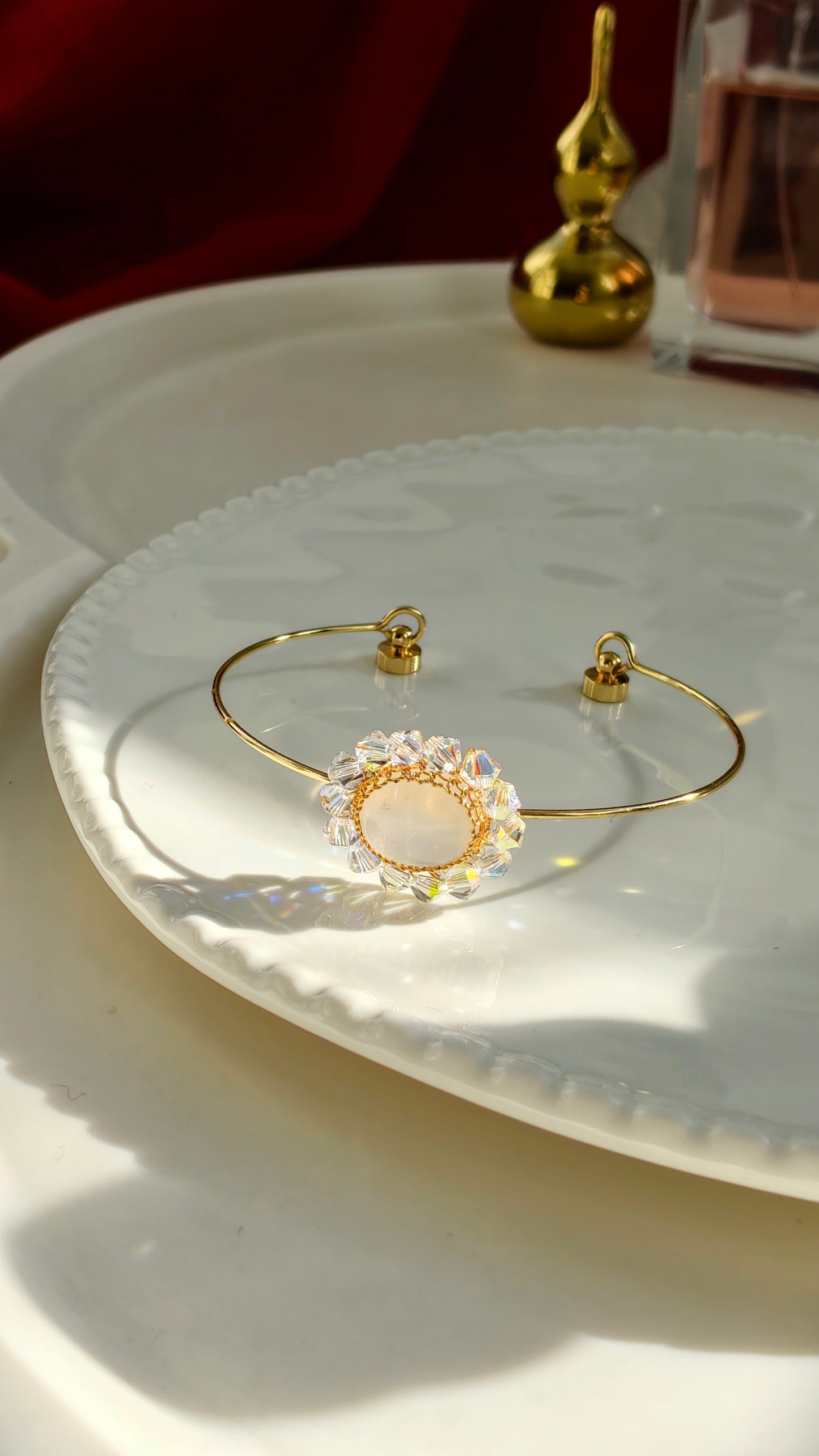 Moonstone & Crystal Flower Cuff Bracelet