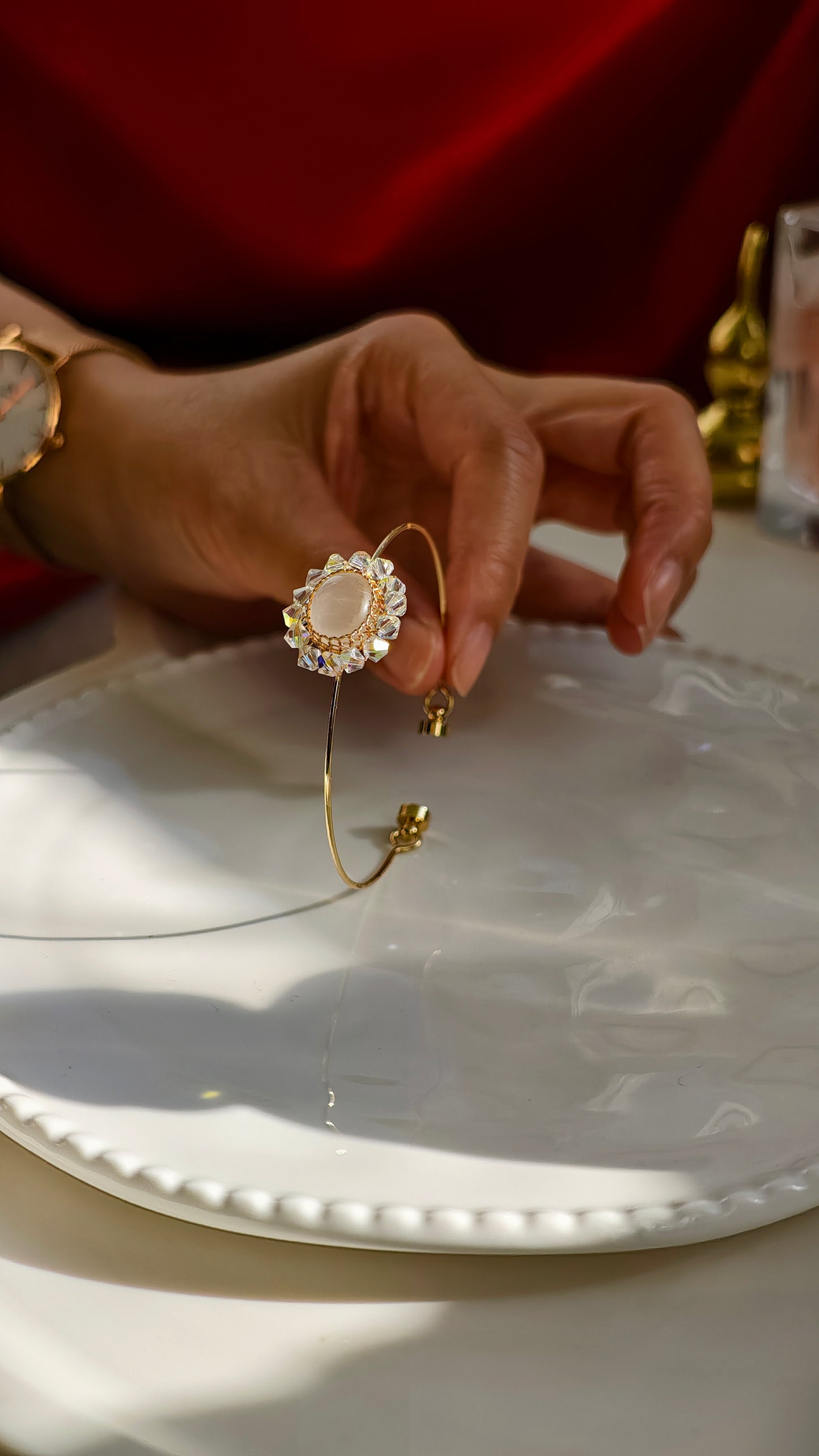 Moonstone & Crystal Flower Cuff Bracelet