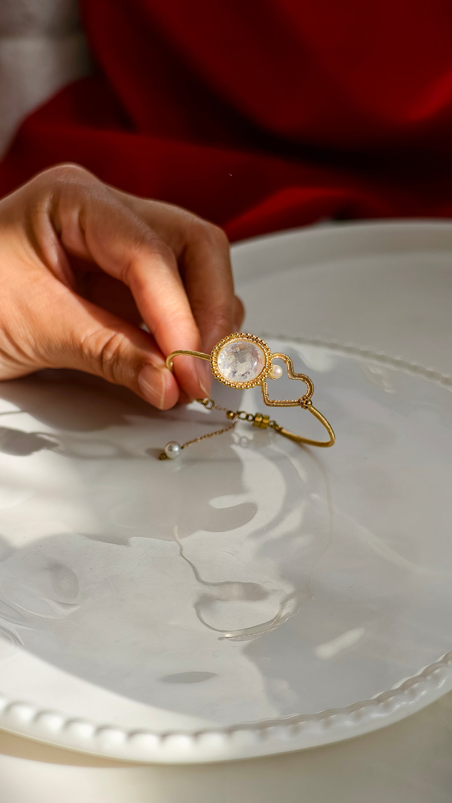 Moonstone & Pearl "Lucky Knot" Cuff Bracelet