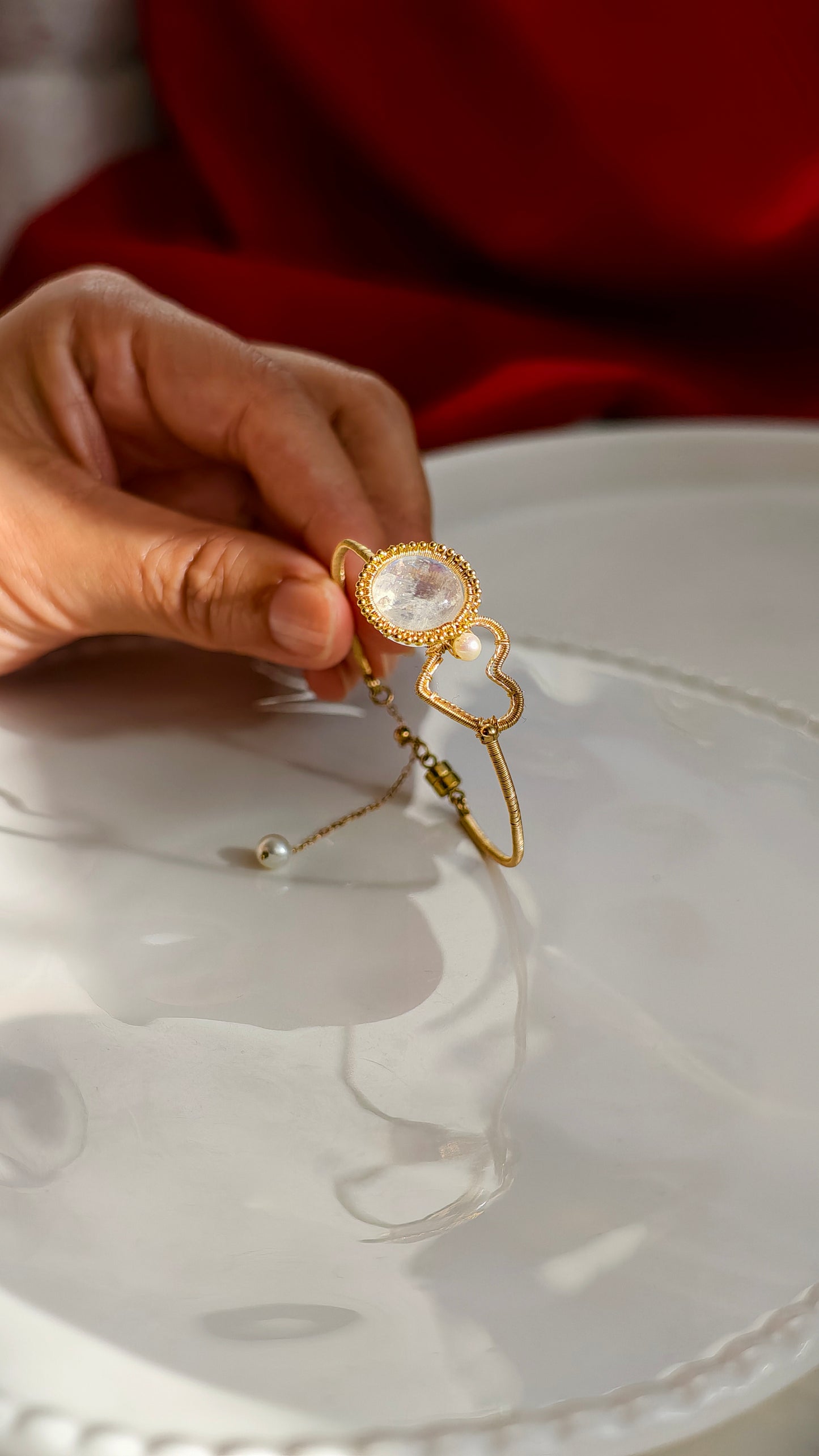 Moonstone & Pearl "Lucky Knot" Cuff Bracelet