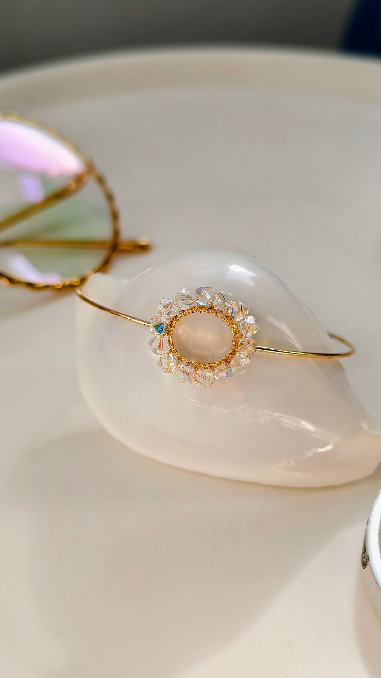 Moonstone & Crystal Flower Cuff Bracelet