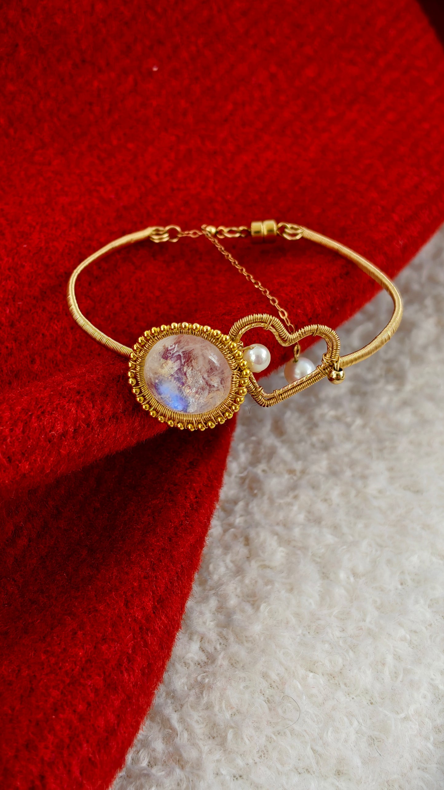 Moonstone & Pearl "Lucky Knot" Cuff Bracelet