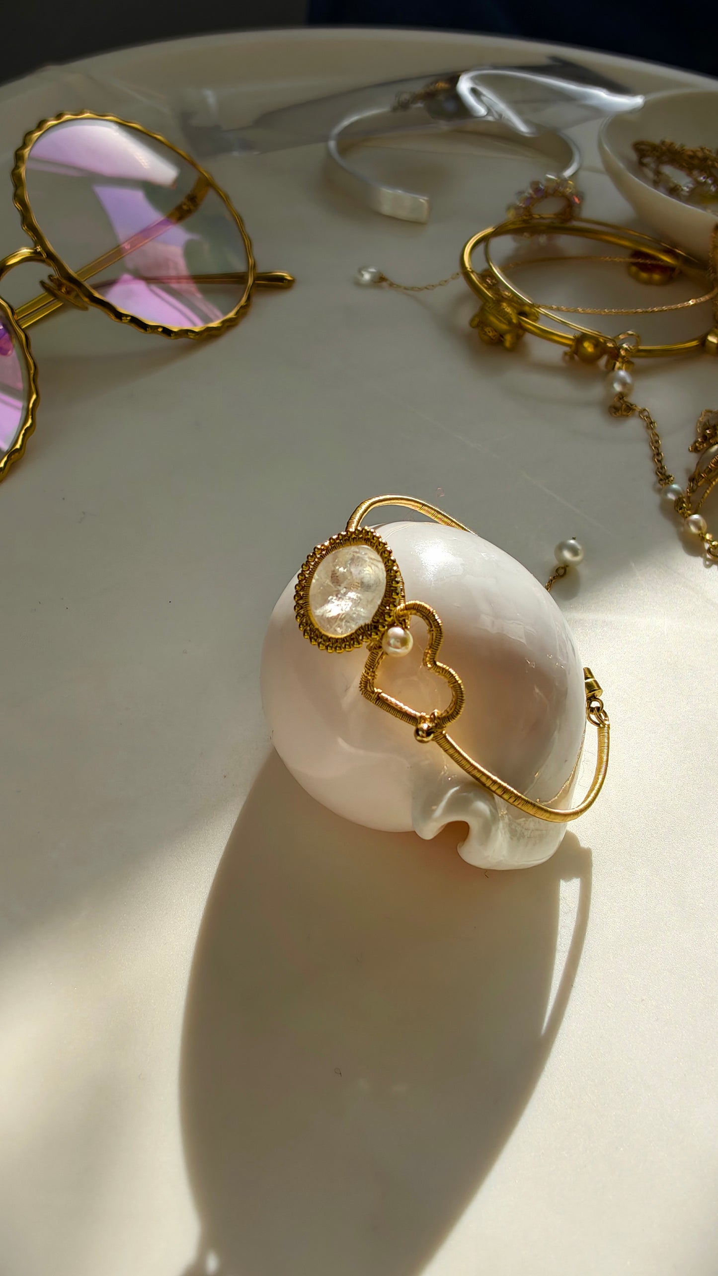 Moonstone & Pearl "Lucky Knot" Cuff Bracelet