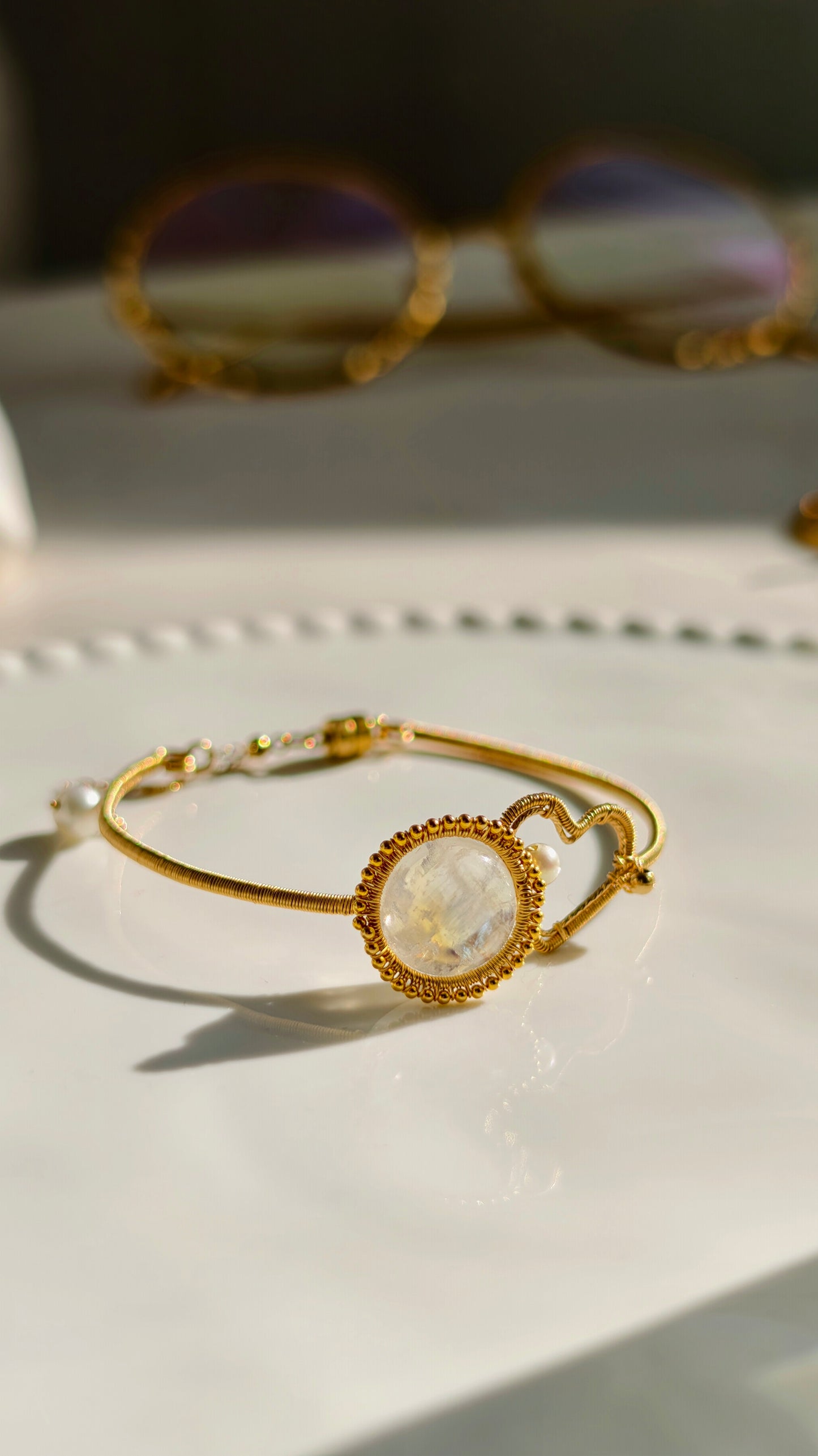 Moonstone & Pearl "Lucky Knot" Cuff Bracelet