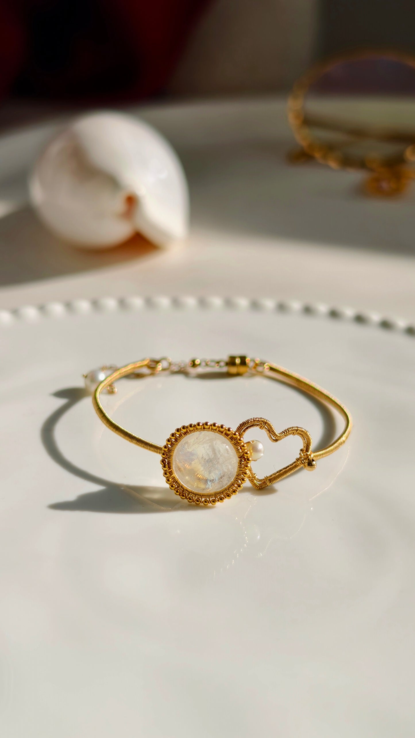 Moonstone & Pearl "Lucky Knot" Cuff Bracelet