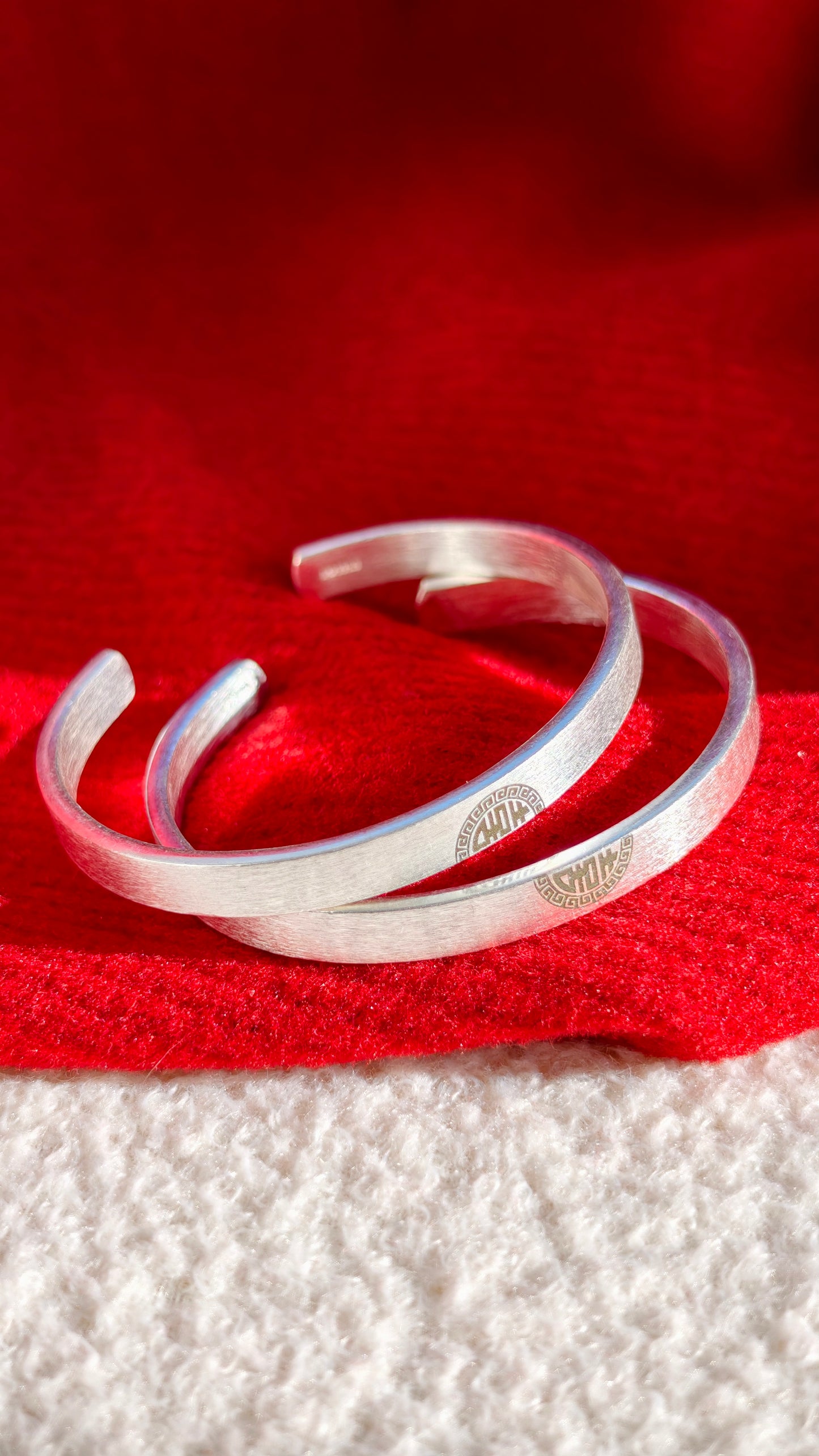 Sterling Silver Bangles: "Xi" (Joy) → "Double Happiness" Pair
