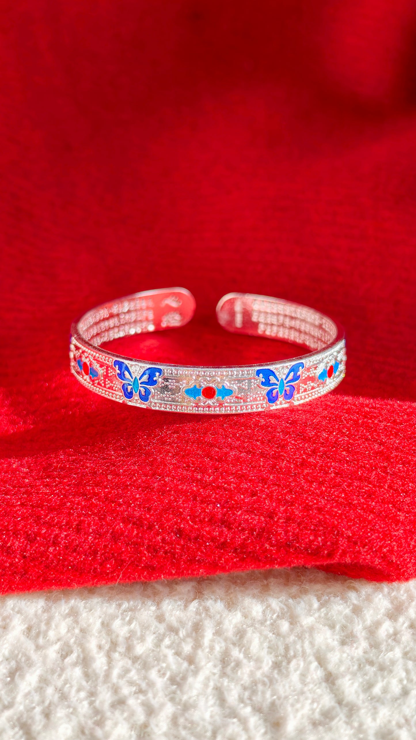 Sterling Silver Cuff Bangle: Enamel Butterfly &amp; Floral Motif