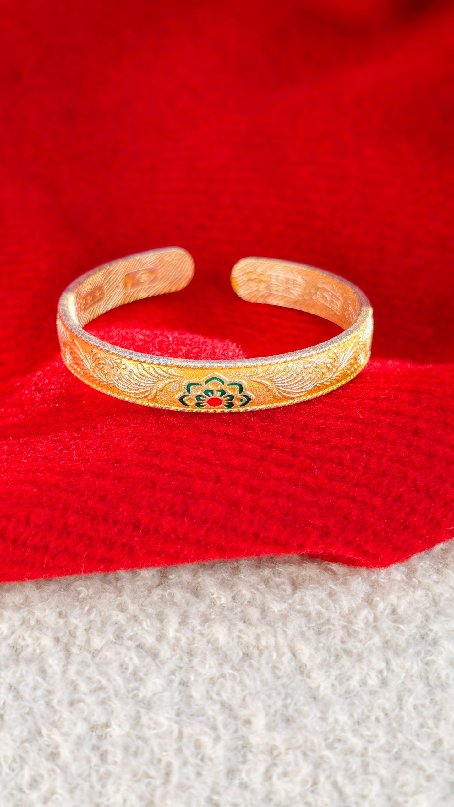 Gilded Sterling Silver Cuff Bangle: Enamel Floral Motif