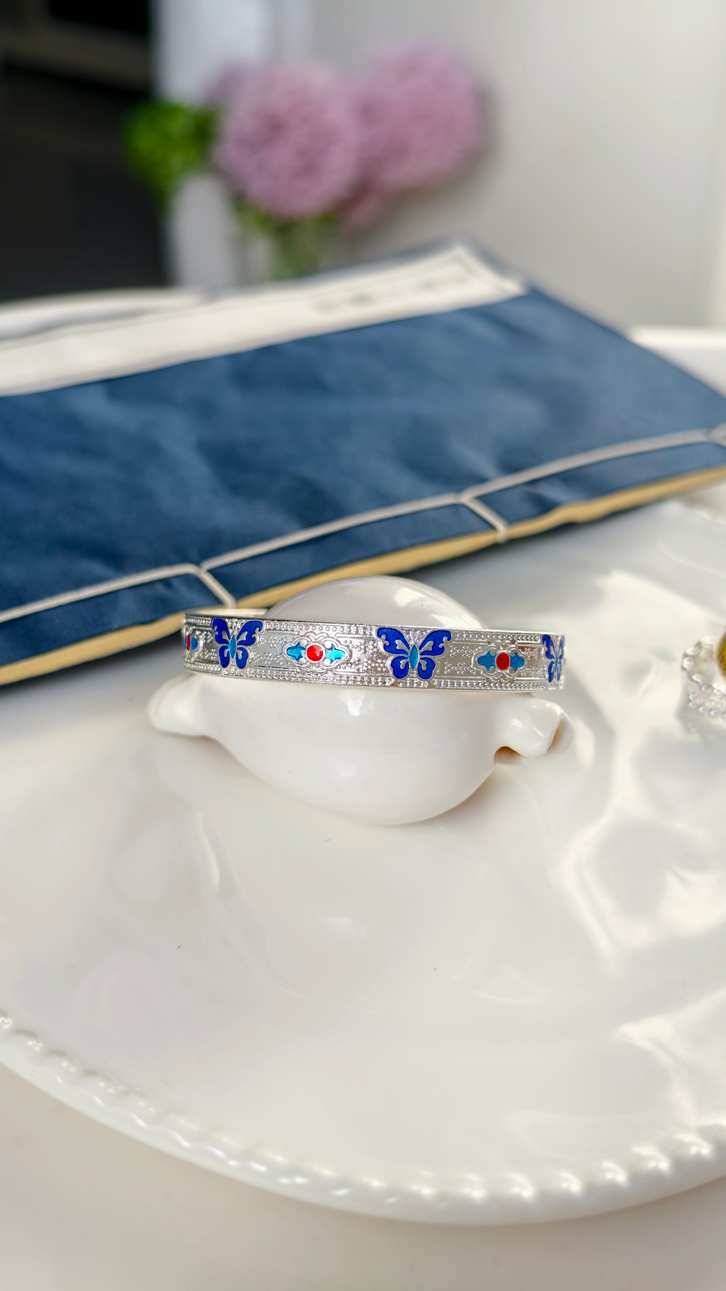 Sterling Silver Cuff Bangle: Enamel Butterfly &amp; Floral Motif