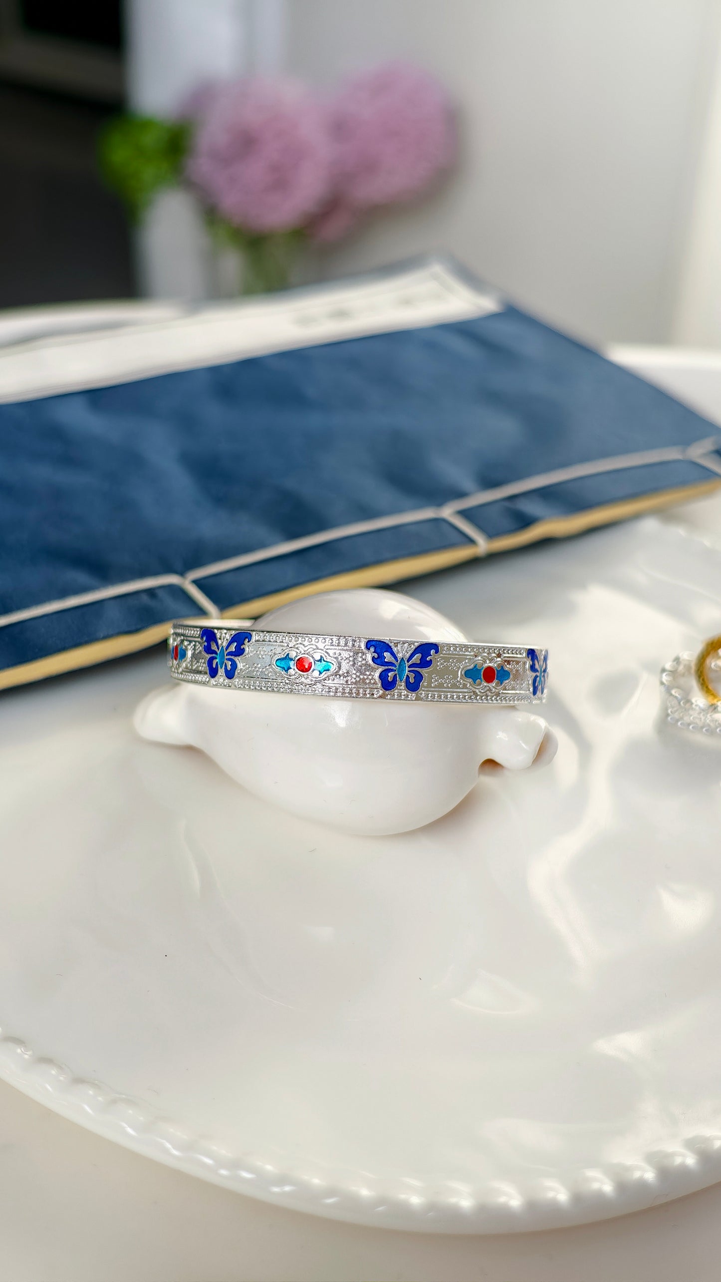 Sterling Silver Cuff Bangle: Enamel Butterfly &amp; Floral Motif