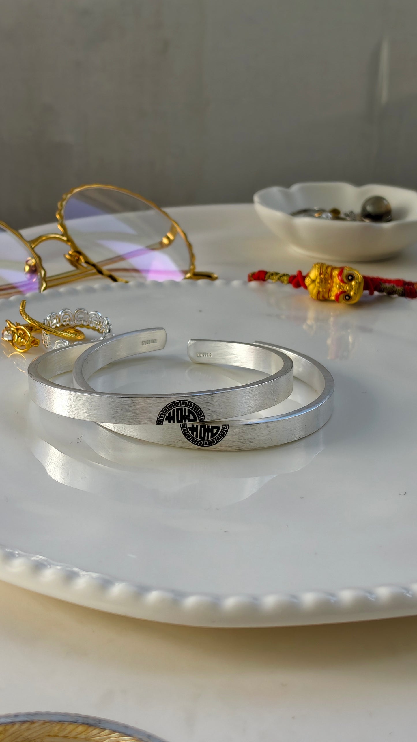 Sterling Silver Bangles: "Xi" (Joy) → "Double Happiness" Pair
