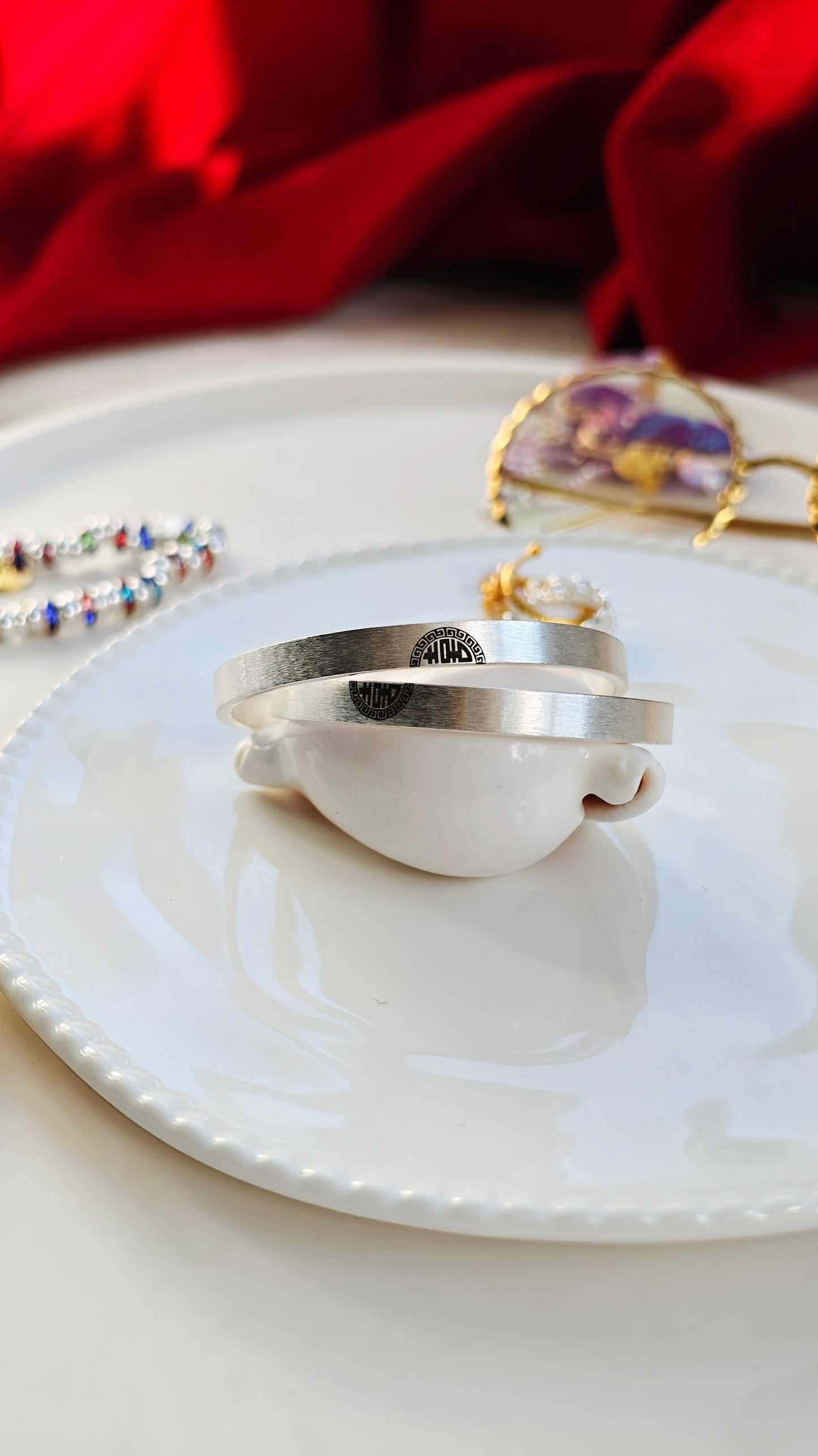 Sterling Silver Bangles: "Xi" (Joy) → "Double Happiness" Pair