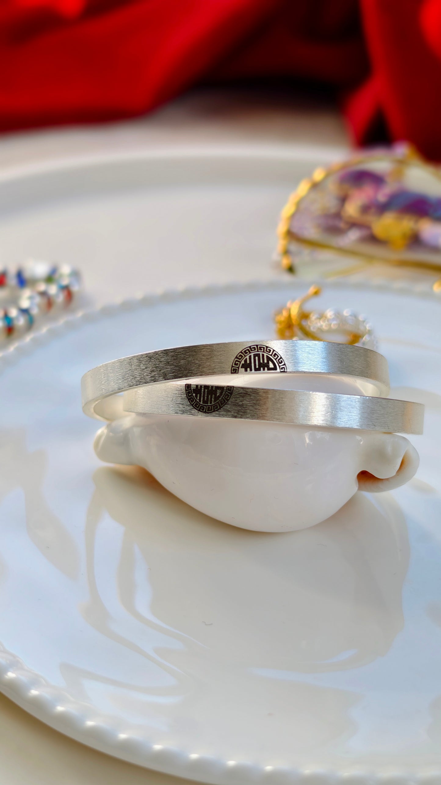 Sterling Silver Bangles: "Xi" (Joy) → "Double Happiness" Pair