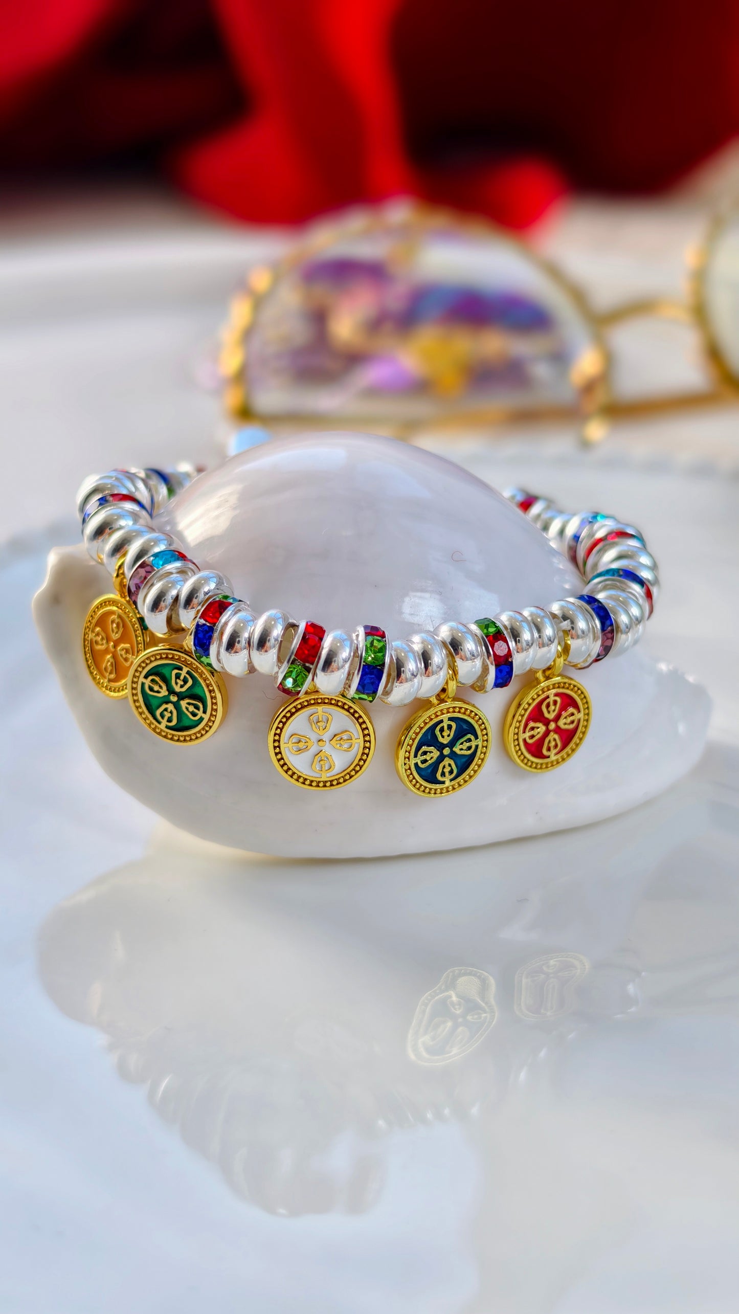 Sterling Silver Bracelet: Tibetan Five-Colored Wealth Gods Charm