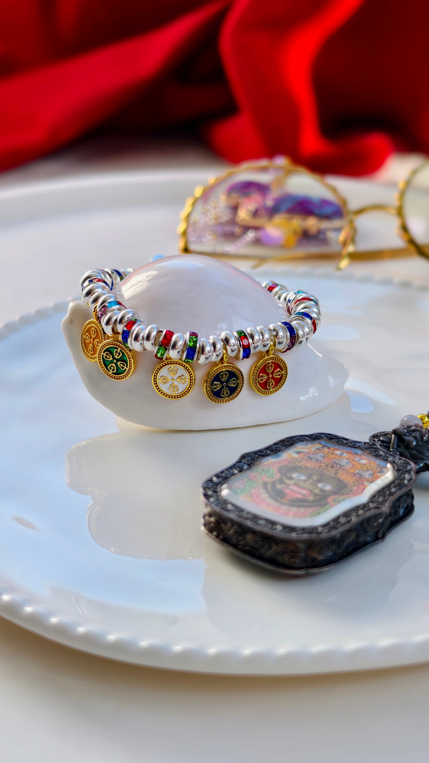 Sterling Silver Bracelet: Tibetan Five-Colored Wealth Gods Charm