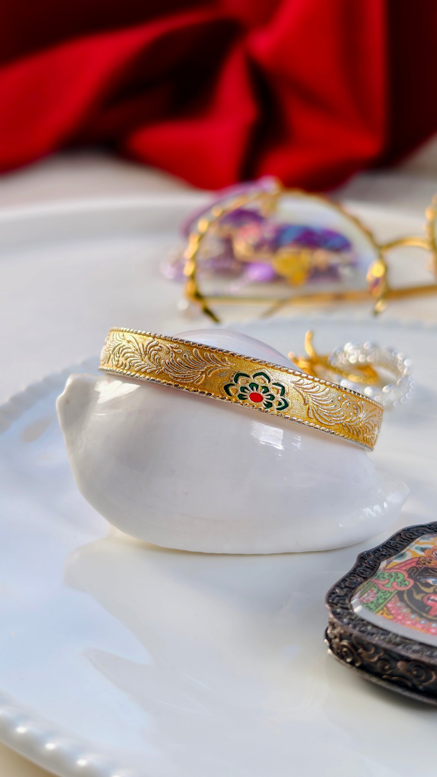 Gilded Sterling Silver Cuff Bangle: Enamel Floral Motif