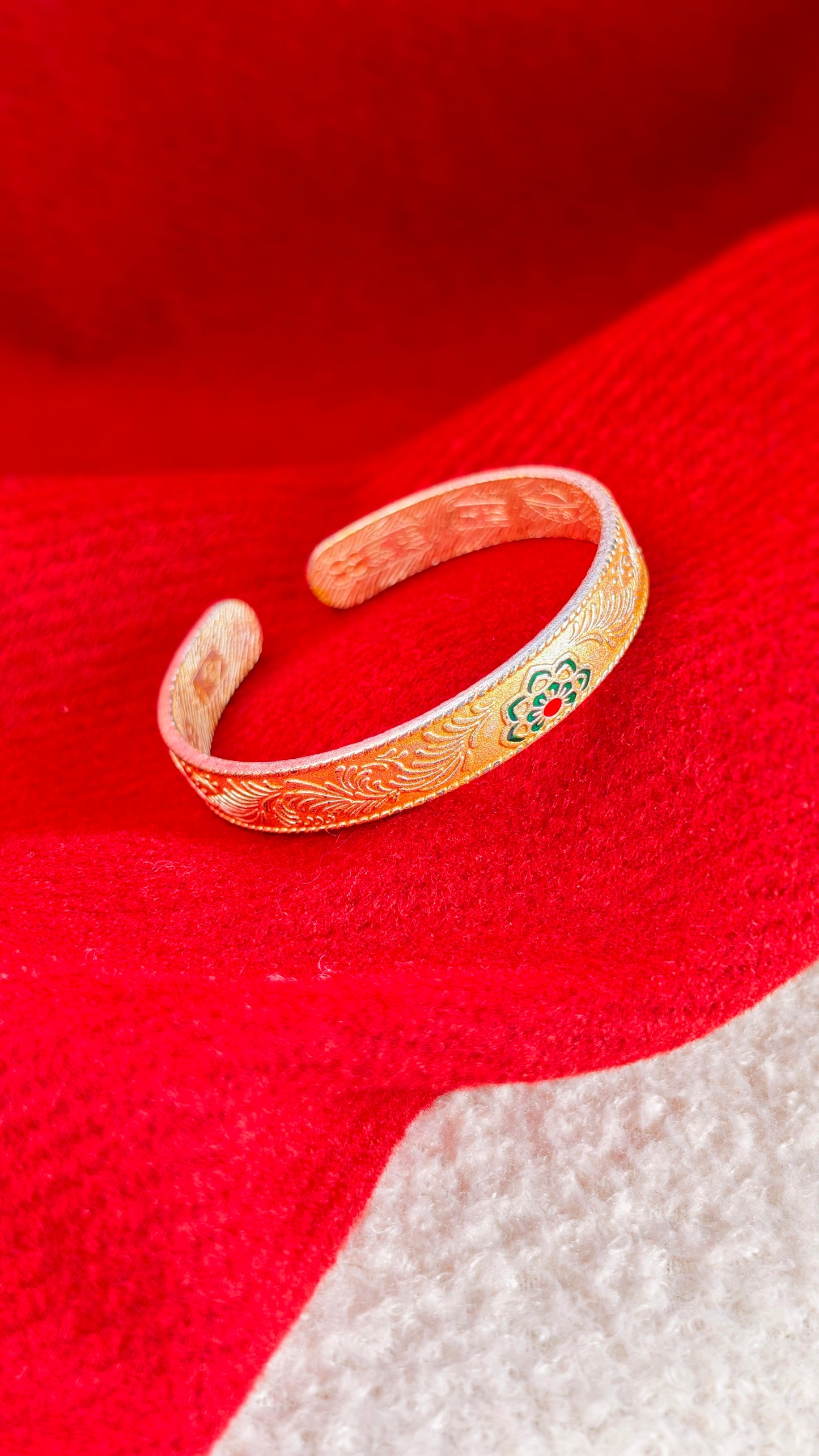 Gilded Sterling Silver Cuff Bangle: Enamel Floral Motif