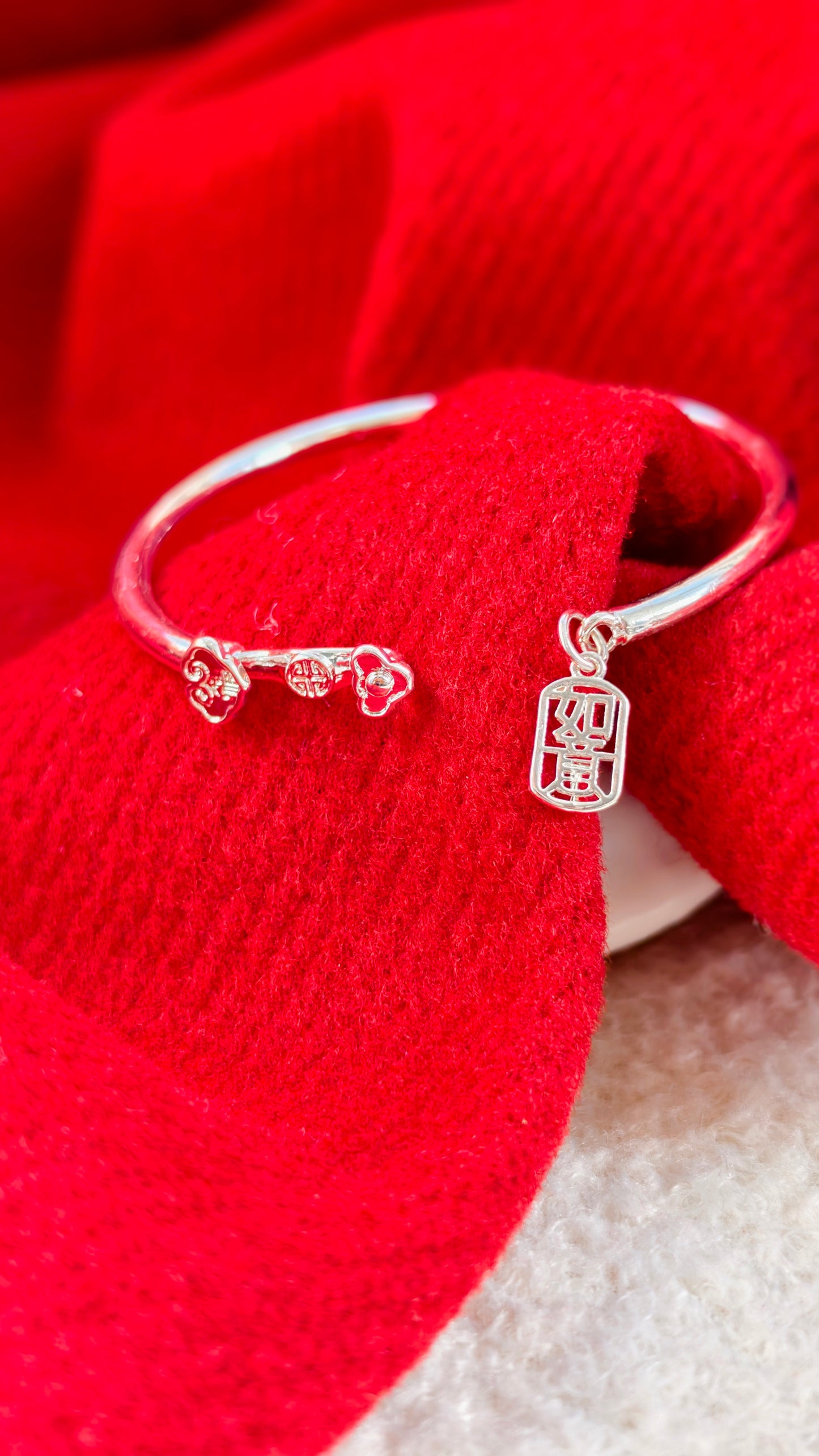 Sterling Silver Bangle: "Ruyi" Charm & Auspicious Motifs