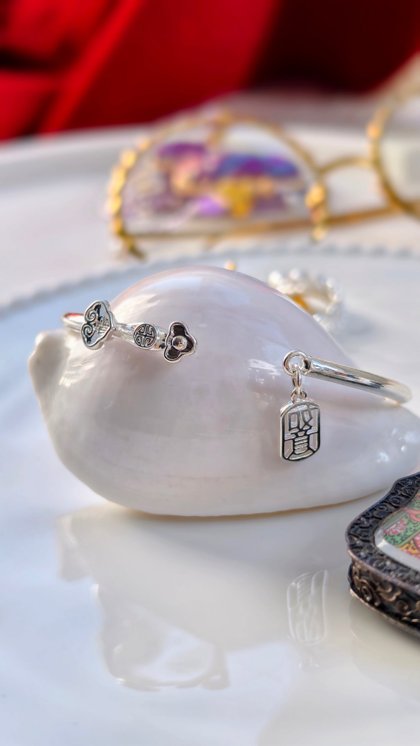 Sterling Silver Bangle: "Ruyi" Charm & Auspicious Motifs
