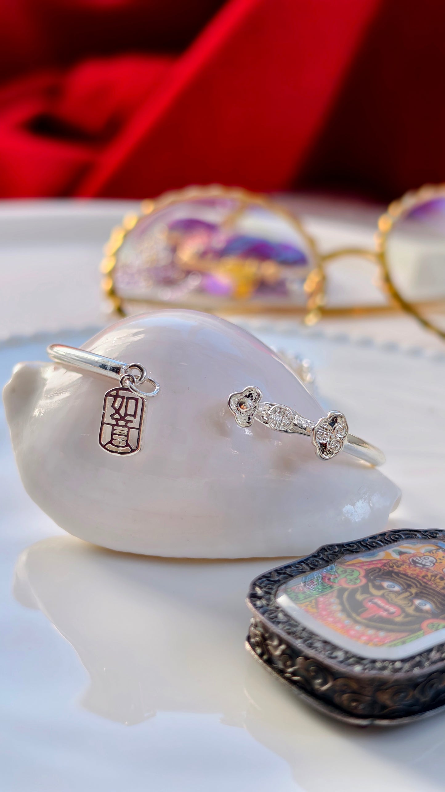 Sterling Silver Bangle: "Ruyi" Charm & Auspicious Motifs