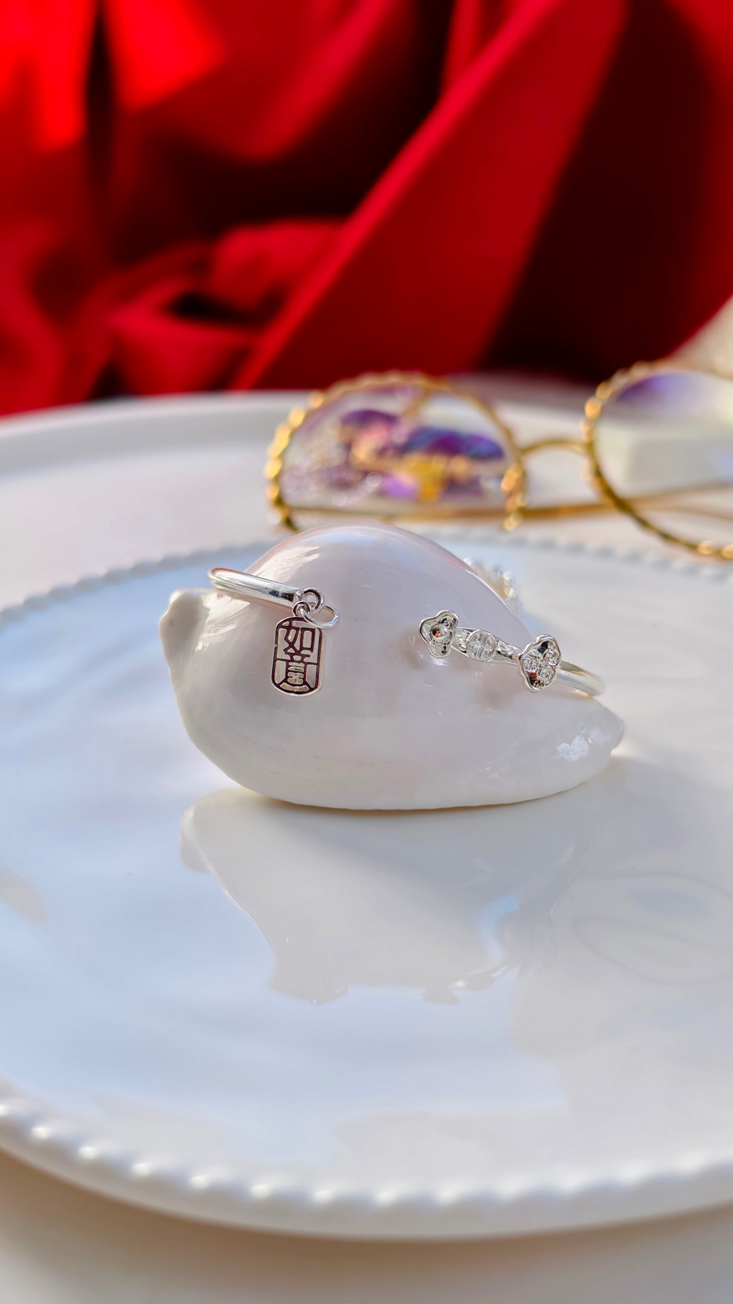 Sterling Silver Bangle: "Ruyi" Charm & Auspicious Motifs