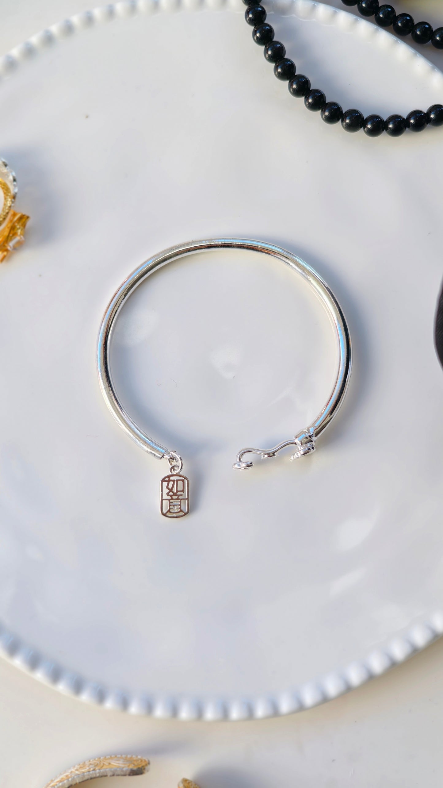 Sterling Silver Bangle: "Ruyi" Charm & Auspicious Motifs
