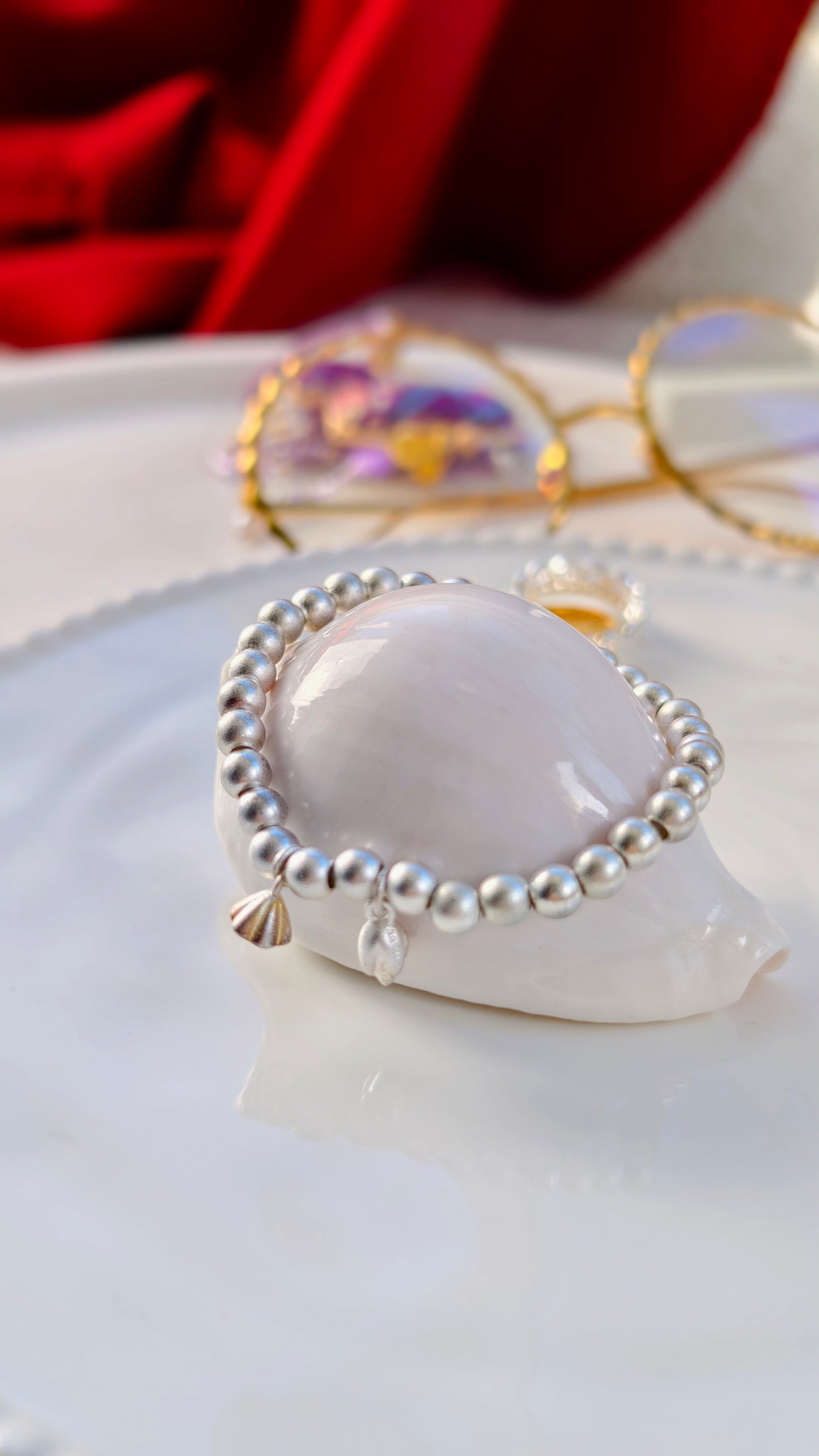 Sterling Silver Beaded Bracelet: Lotus Pod & Magnolia Charms