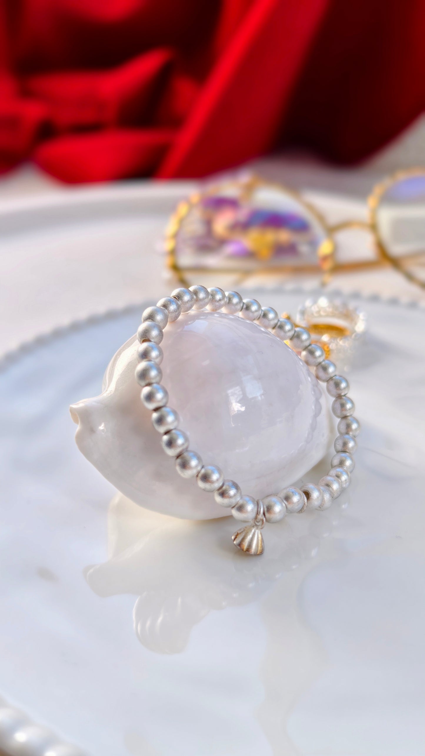 Sterling Silver Beaded Bracelet: Lotus Pod & Magnolia Charms