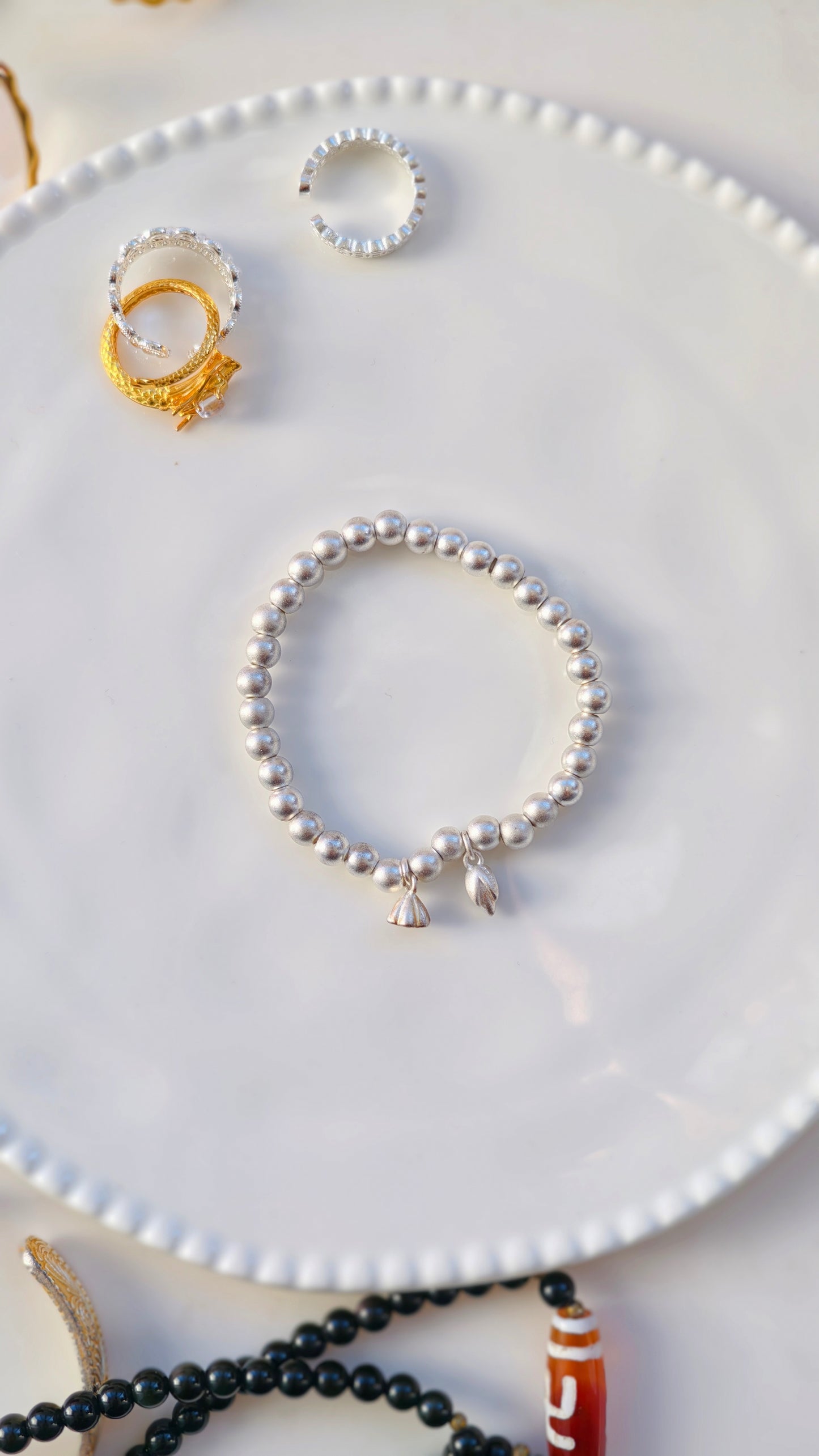 Sterling Silver Beaded Bracelet: Lotus Pod & Magnolia Charms
