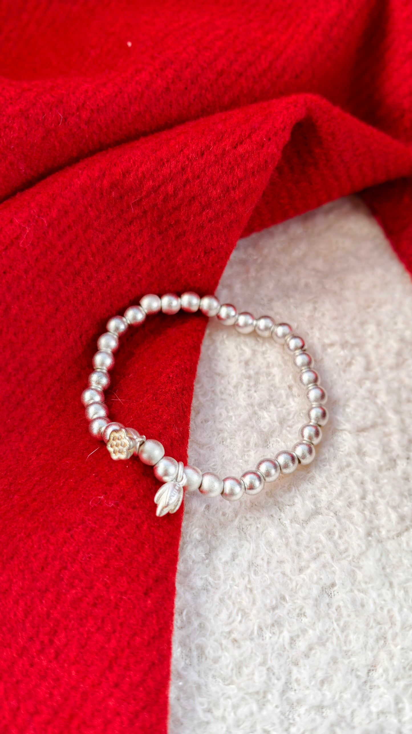 Sterling Silver Beaded Bracelet: Lotus Pod & Magnolia Charms