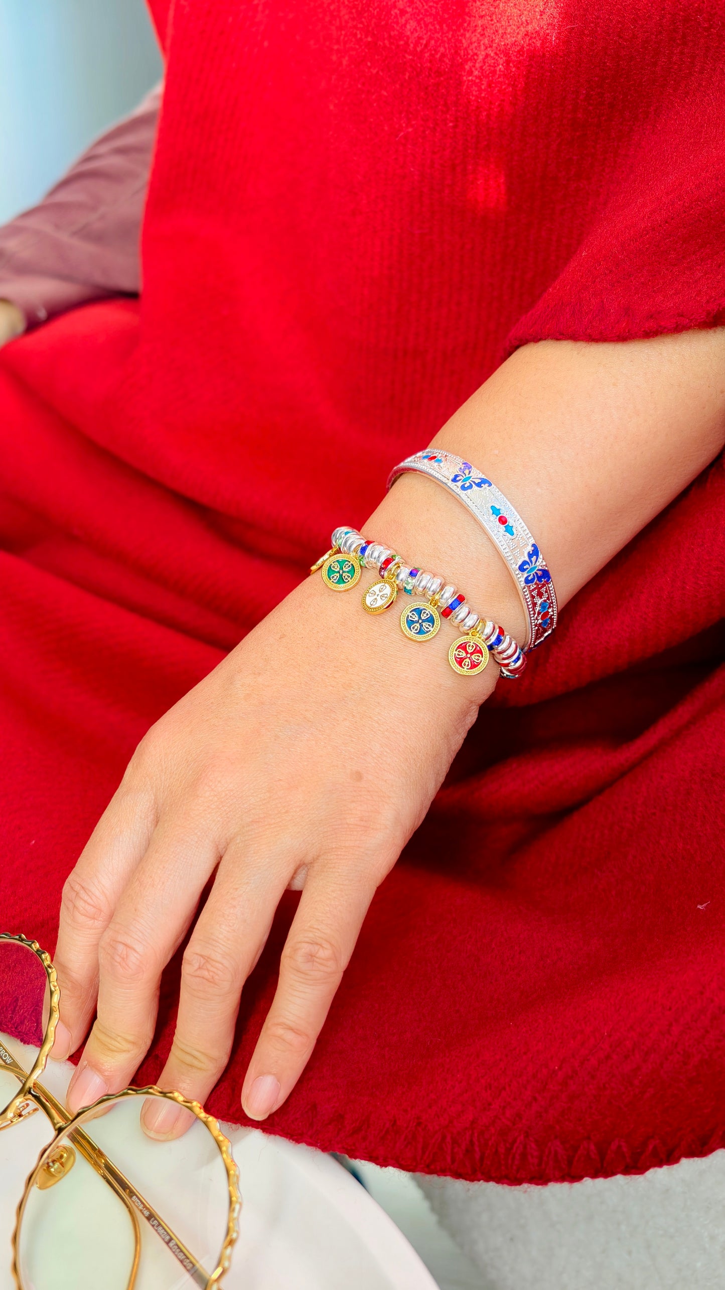 Sterling Silver Bracelet: Tibetan Five-Colored Wealth Gods Charm