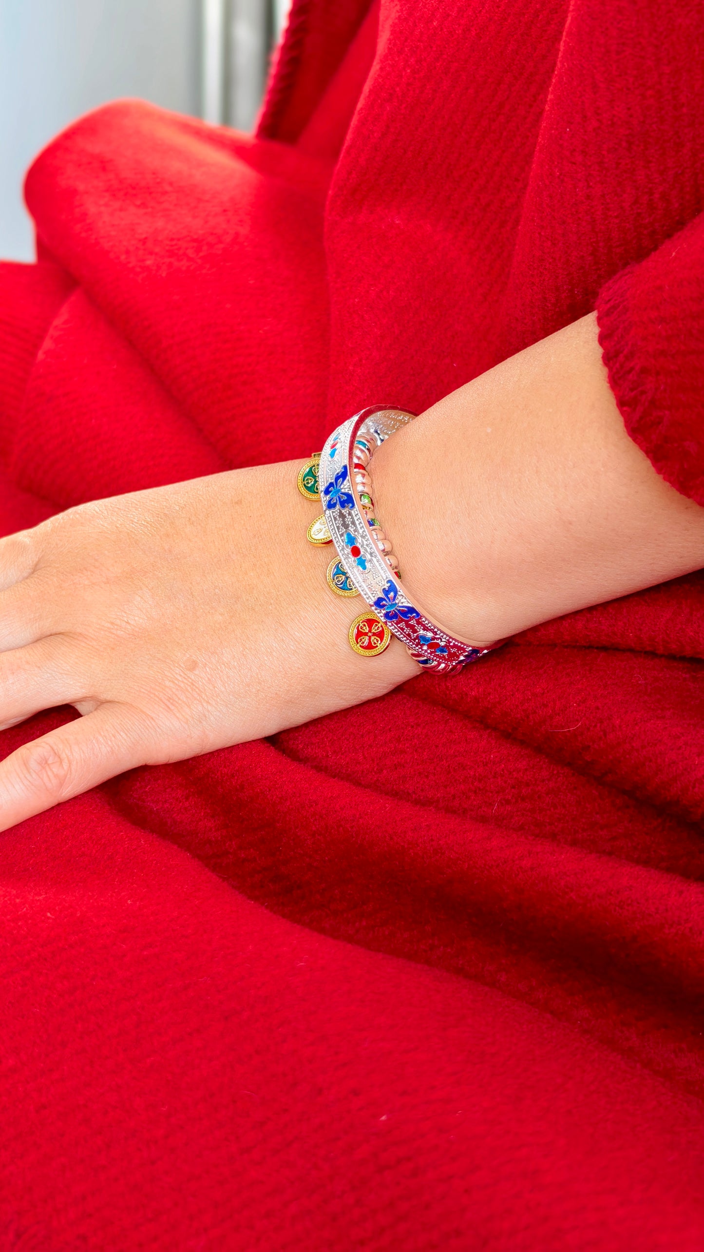 Sterling Silver Bracelet: Tibetan Five-Colored Wealth Gods Charm