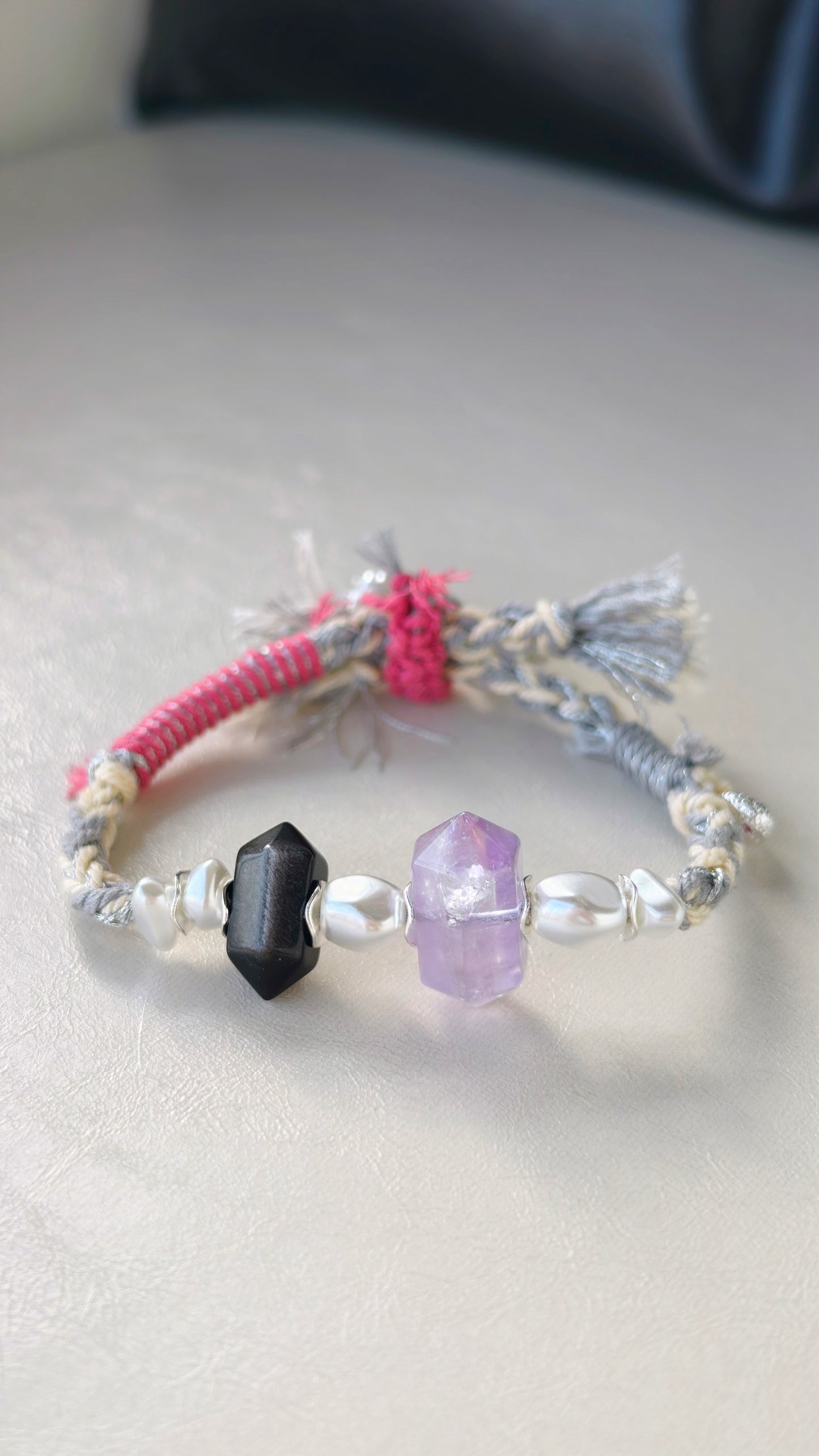Natural Amethyst/Natural Obsidian/Natural Green Phantom Hand-braided Cord Bracelet