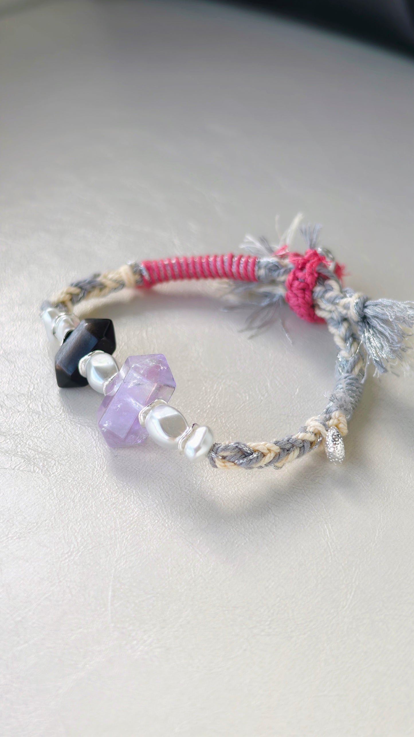 Natural Amethyst/Natural Obsidian/Natural Green Phantom Hand-braided Cord Bracelet