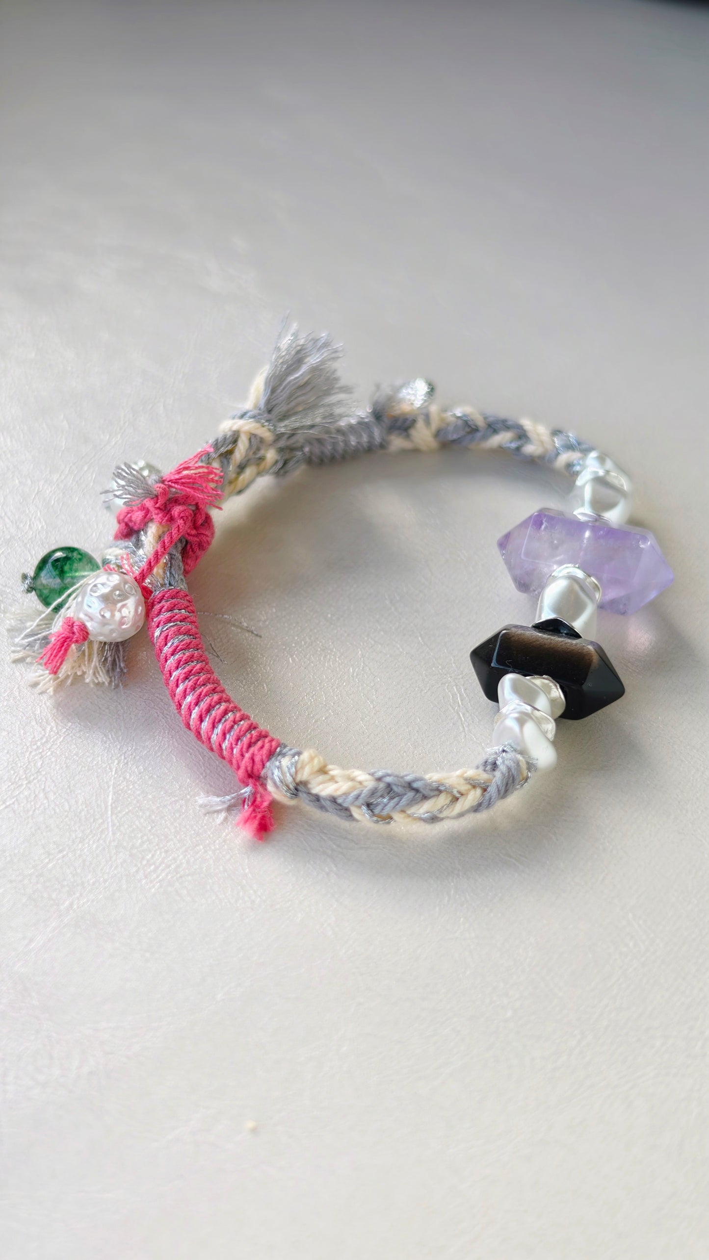 Natural Amethyst/Natural Obsidian/Natural Green Phantom Hand-braided Cord Bracelet
