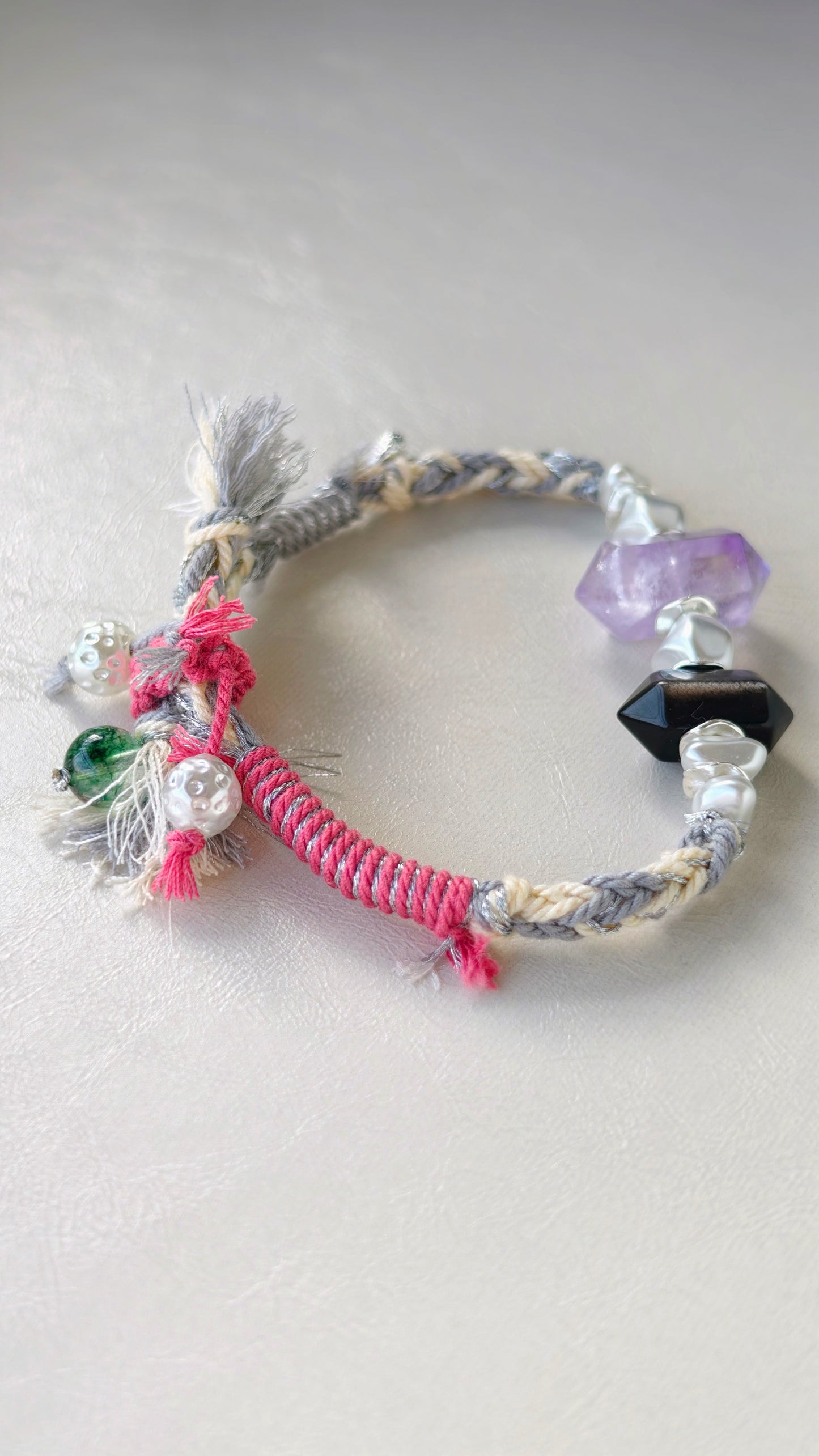 Natural Amethyst/Natural Obsidian/Natural Green Phantom Hand-braided Cord Bracelet