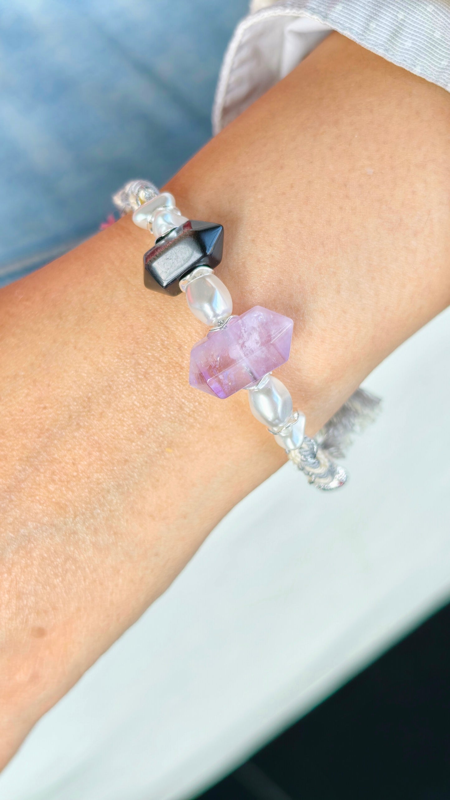Natural Amethyst/Natural Obsidian/Natural Green Phantom Hand-braided Cord Bracelet