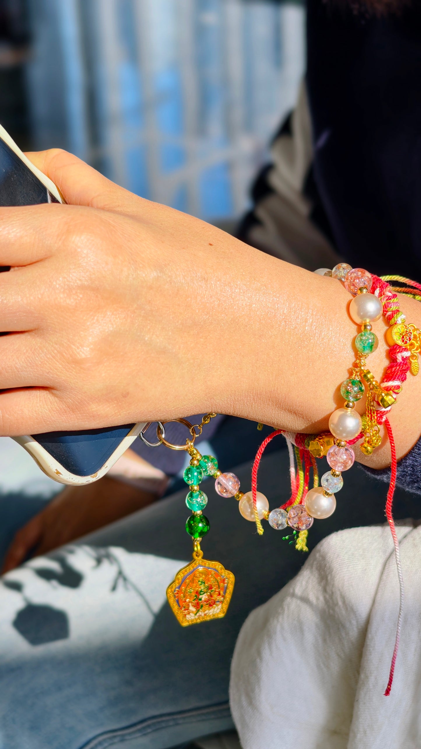 Phone charm (Playful pink & green, paired with a Green Tara pendant)