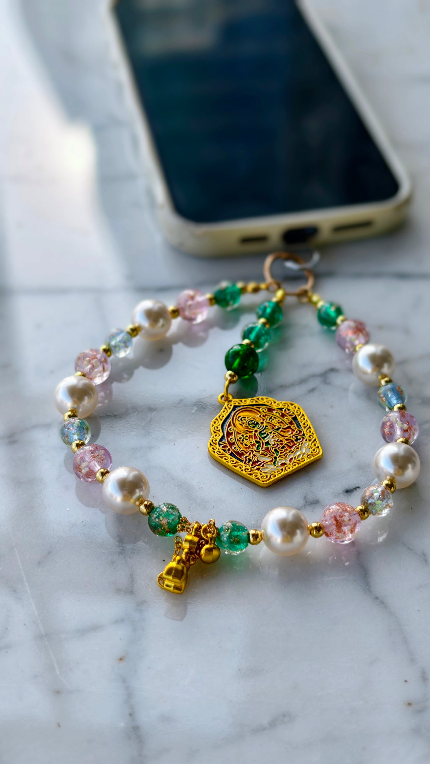 Phone charm (Playful pink & green, paired with a Green Tara pendant)